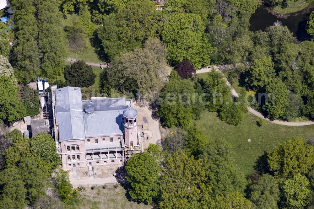 Aerial photograph Berlin - Construction works during preparation of the IGA 2017 at Biesdorf Castle in the district of Marzahn-Hellersdorf in Berlin in Germany. The castle is being refurbished and renovated