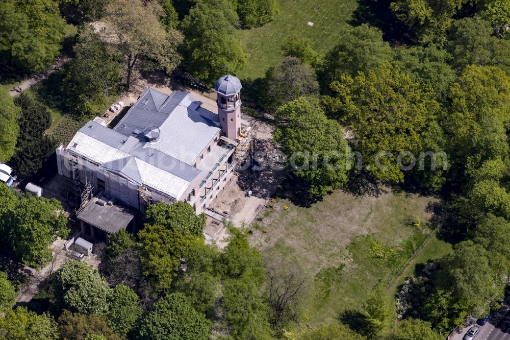 Berlin from above - Construction works during preparation of the IGA 2017 at Biesdorf Castle in the district of Marzahn-Hellersdorf in Berlin in Germany. The castle is being refurbished and renovated