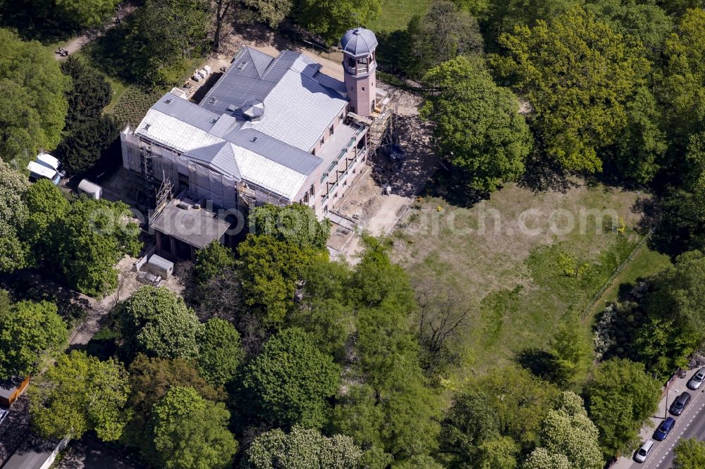 Berlin from the bird's eye view: Construction works during preparation of the IGA 2017 at Biesdorf Castle in the district of Marzahn-Hellersdorf in Berlin in Germany. The castle is being refurbished and renovated