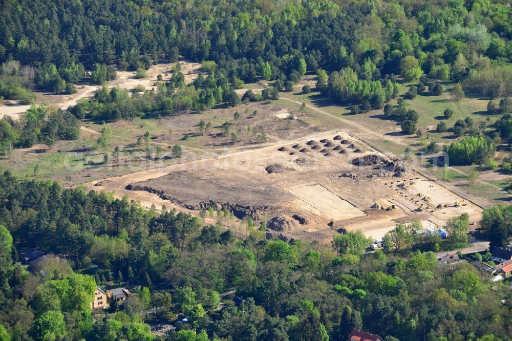 Aerial image Stahnsdorf - Construction works on the Kanalaue Region in Stahnsdorf in the state Brandenburg. The landscape is being developed as a tourism and green region. Several machines and vehicles are working on the open sandy area which is surrounded by forest