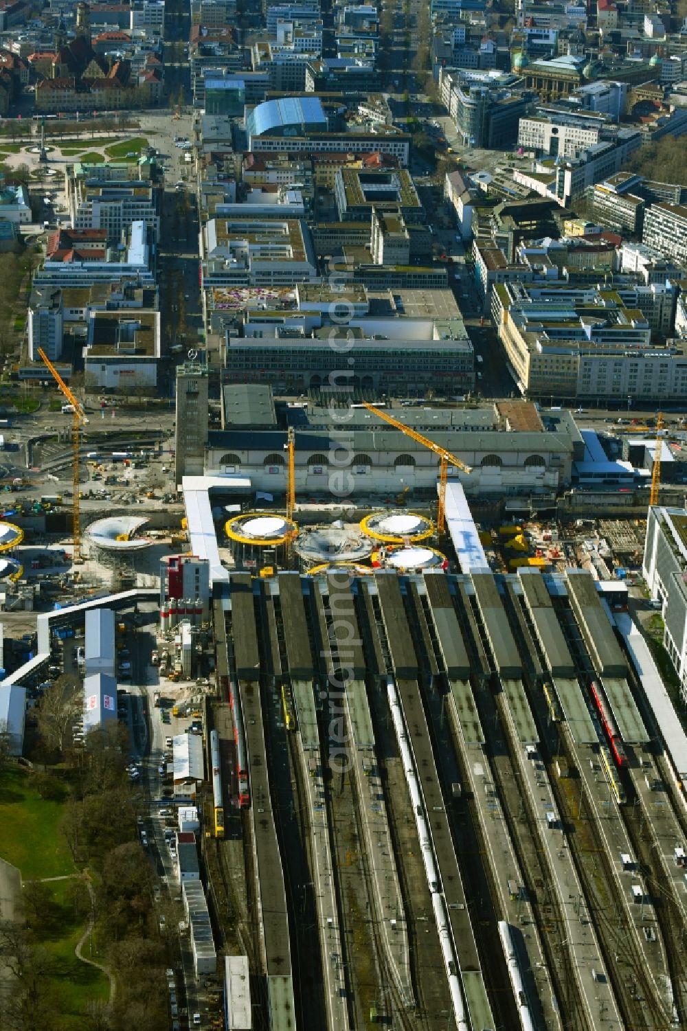 Stuttgart from above - Building of the main station of the railway and construction site for the development project Stuttgart 21 in Stuttgart in the state of Baden-Wurttemberg