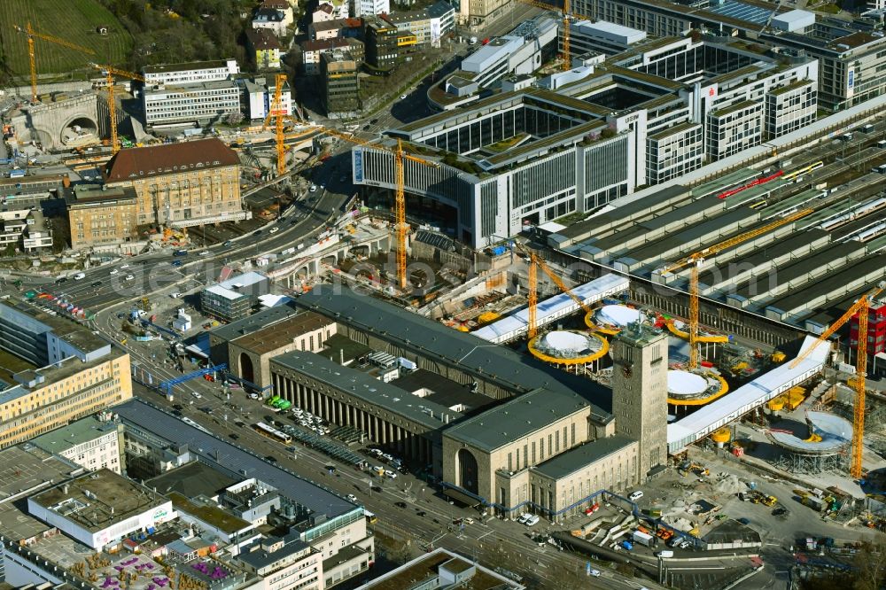 Stuttgart from above - Building of the main station of the railway and construction site for the development project Stuttgart 21 in Stuttgart in the state of Baden-Wurttemberg