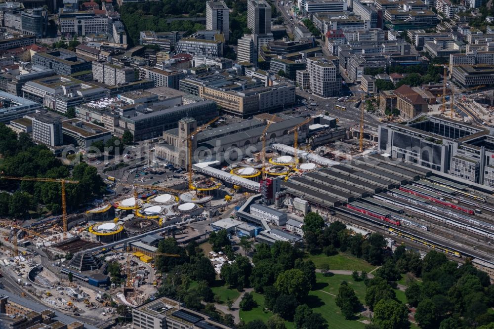 Aerial image Stuttgart - building of the main station of the railway and construction site for the development project Stuttgart 21 in Stuttgart in the state of Baden-Wurttemberg