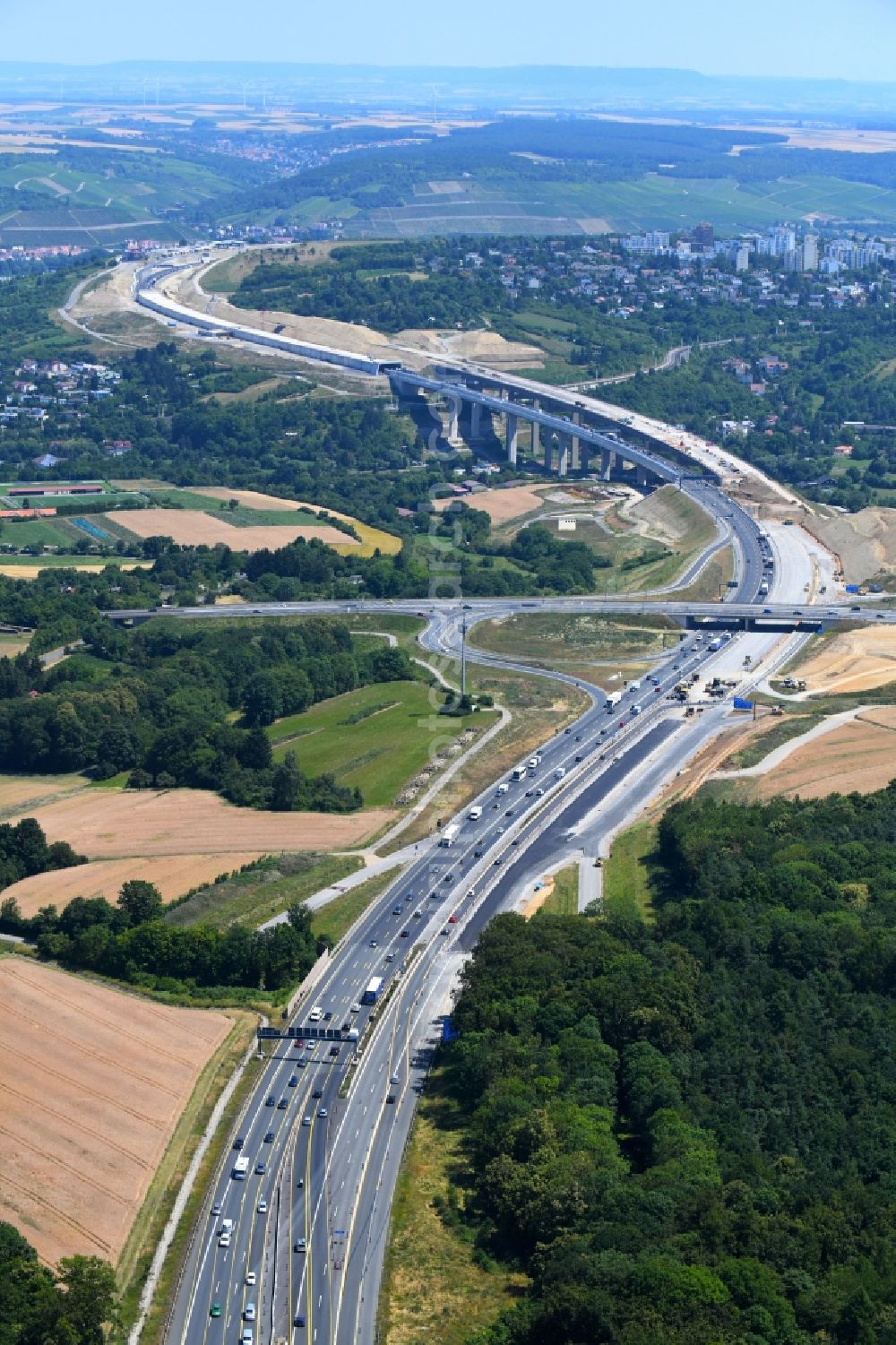 Aerial image Würzburg - Construction work at the Heidingsfeld valley bridge of the federal motorway A3 in the South of Wuerzburg in the state of Bavaria