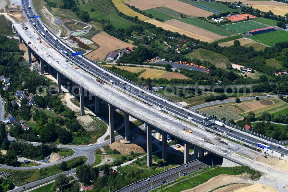 Würzburg from above - Construction work at the Heidingsfeld valley bridge of the federal motorway A3 in the South of Wuerzburg in the state of Bavaria