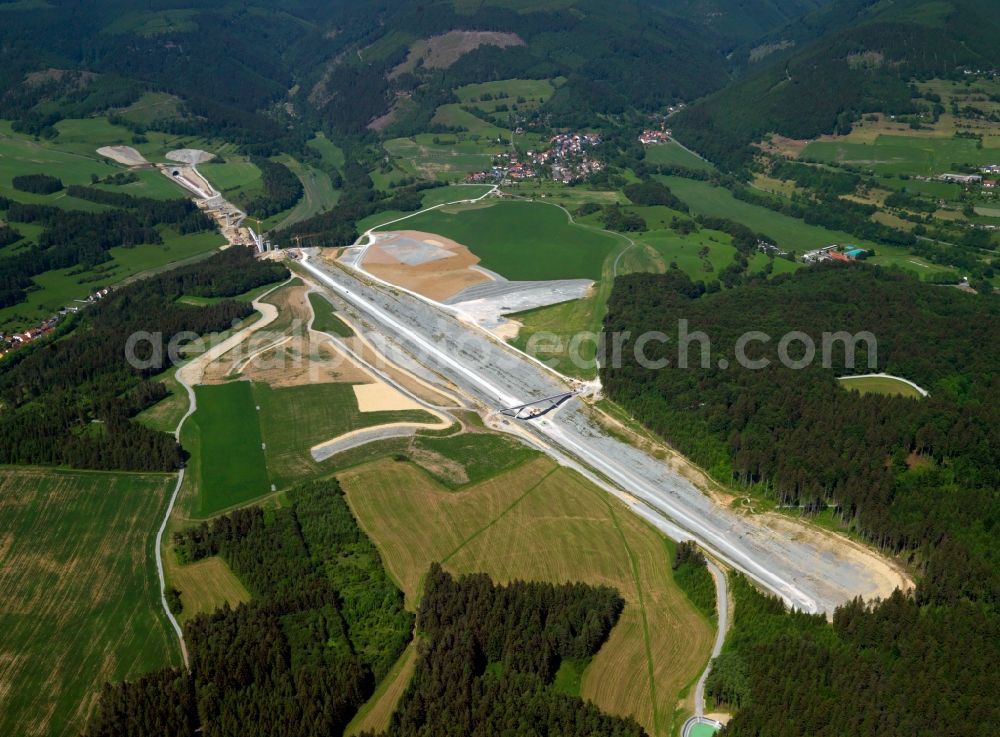 Aerial image Schalkau - Construction site at the Truckenthalbrücke in Southern Thuringia. The traffic and infrastructre project Deutsche Einheit (German Unity) No. 8 includes the construction of a new ICE track between the cities of Nürnberg, Erfurt and Leipzig. Owner is the Deutsche Bahn railway corporation. The bridge is built by Hochtief AG for the Deutsche Bahn. It is 425m in length. Adjacent construction work is being done for the new railway track