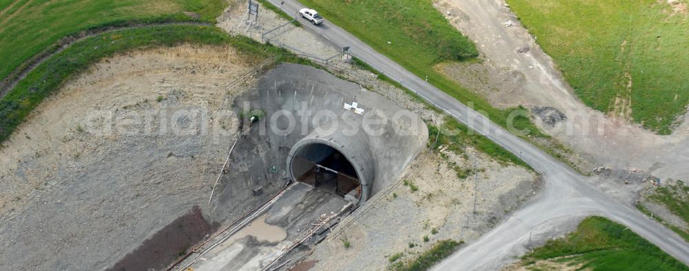 Theuern from above - Blick auf die Bauarbeiten am Tunnel- Baumleite in Süd- Thüringen, einem Tunnelbau-Bauprojekt der ALPINE BeMo Tunnelling GmbH. Der Eisenbahntunnel entsteht im Rahmen des Verkehrsprojekt Deutsche Einheit (VDE) Nr. 8 innerhalb der ICE - Neubaustrecke Nürnberg–Erfurt–Leipzig der Deutschen Bahn. View of the construction of the tunnel Baumleite in southern Thuringia, a tunnel-construction project of the ALPINE Bemo Tunnelling Ltd.