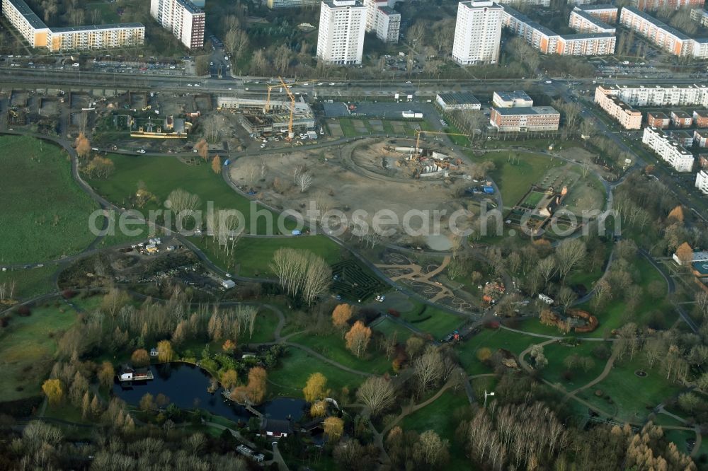 Aerial image Berlin - Construction work for the visitor's centre at the main entrance of the IGA 2017 in the district of Marzahn-Hellersdorf in Berlin. The heart of the International gerden exibition will be the Gaerten der Welt. The visitor's centre is being built near the main entrance on Blumberger Damm