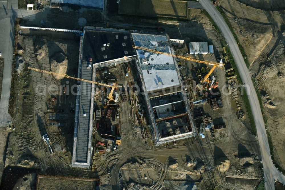 Aerial image Berlin - Construction work for the visitor's centre at the main entrance of the IGA 2017 in the district of Marzahn-Hellersdorf in Berlin. The heart of the International gerden exibition will be the Gaerten der Welt. The visitor's centre is being built near the main entrance on Blumberger Damm