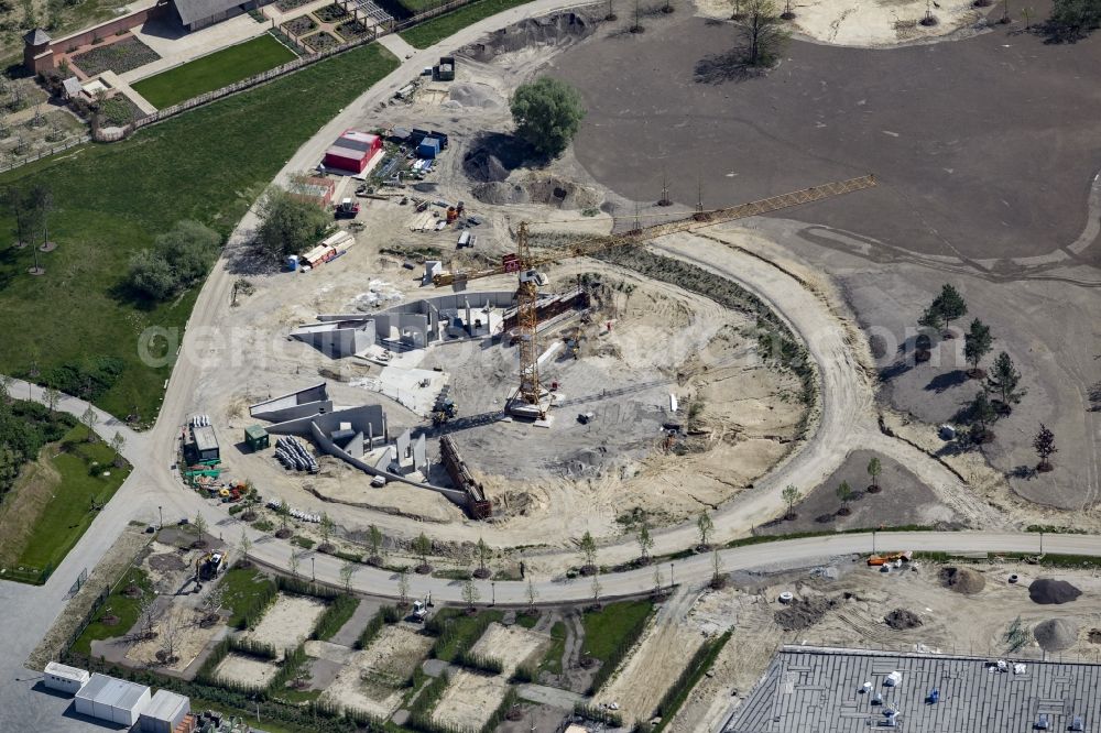 Berlin from above - Construction work for the visitor's centre at the main entrance of the IGA 2017 in the district of Marzahn-Hellersdorf in Berlin. The heart of the International garden exibition will be the Gaerten der Welt