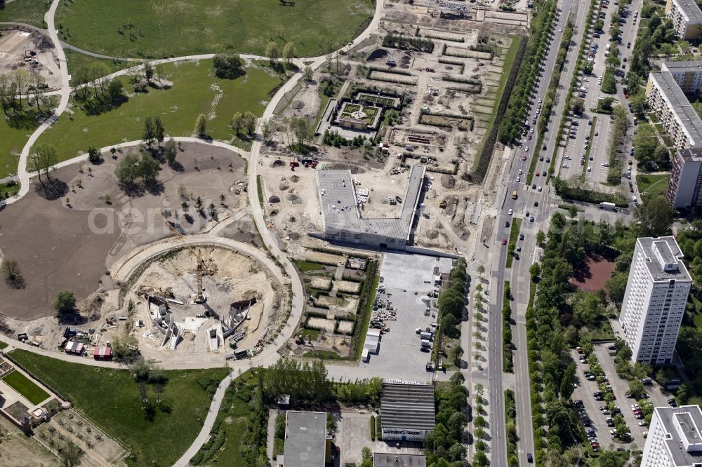 Aerial image Berlin - Construction work for the visitor's centre at the main entrance of the IGA 2017 in the district of Marzahn-Hellersdorf in Berlin. The heart of the International garden exibition will be the Gaerten der Welt