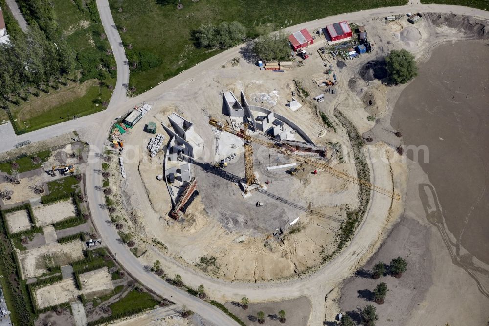 Aerial image Berlin - Construction work for the visitor's centre at the main entrance of the IGA 2017 in the district of Marzahn-Hellersdorf in Berlin. The heart of the International garden exibition will be the Gaerten der Welt