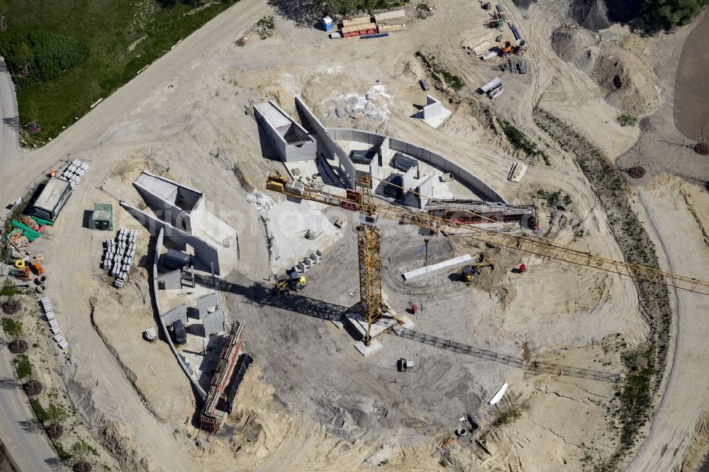 Aerial photograph Berlin - Construction work for the visitor's centre at the main entrance of the IGA 2017 in the district of Marzahn-Hellersdorf in Berlin. The heart of the International garden exibition will be the Gaerten der Welt