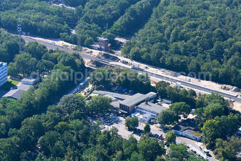 Potsdam from above - Construction work to convert the track of the Pirschheide train station to the Potsdam-Pirschheide railway junction on the road to the Pirschheide train station in the Wildpark district in Potsdam in the state Brandenburg, Germany