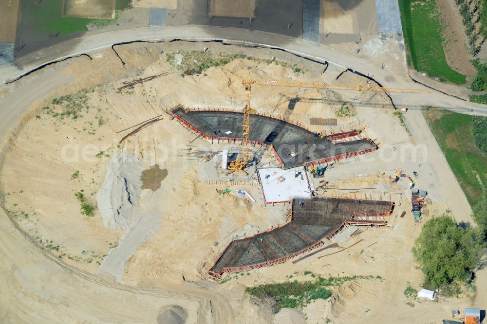 Berlin from the bird's eye view: Construction work for a new stage on site of the IGA 2017 in the district of Marzahn-Hellersdorf in Berlin. The heart of the International gerden exibition will be the Gaerten der Welt. A new open air stage and event location is being built near the main entrance of the area on Blumberger Damm