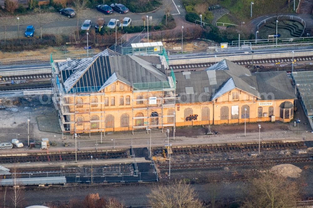 Dorsten from the bird's eye view: Construction work for the reconstruction of the station building in Dorsten in the state North Rhine-Westphalia, Germany