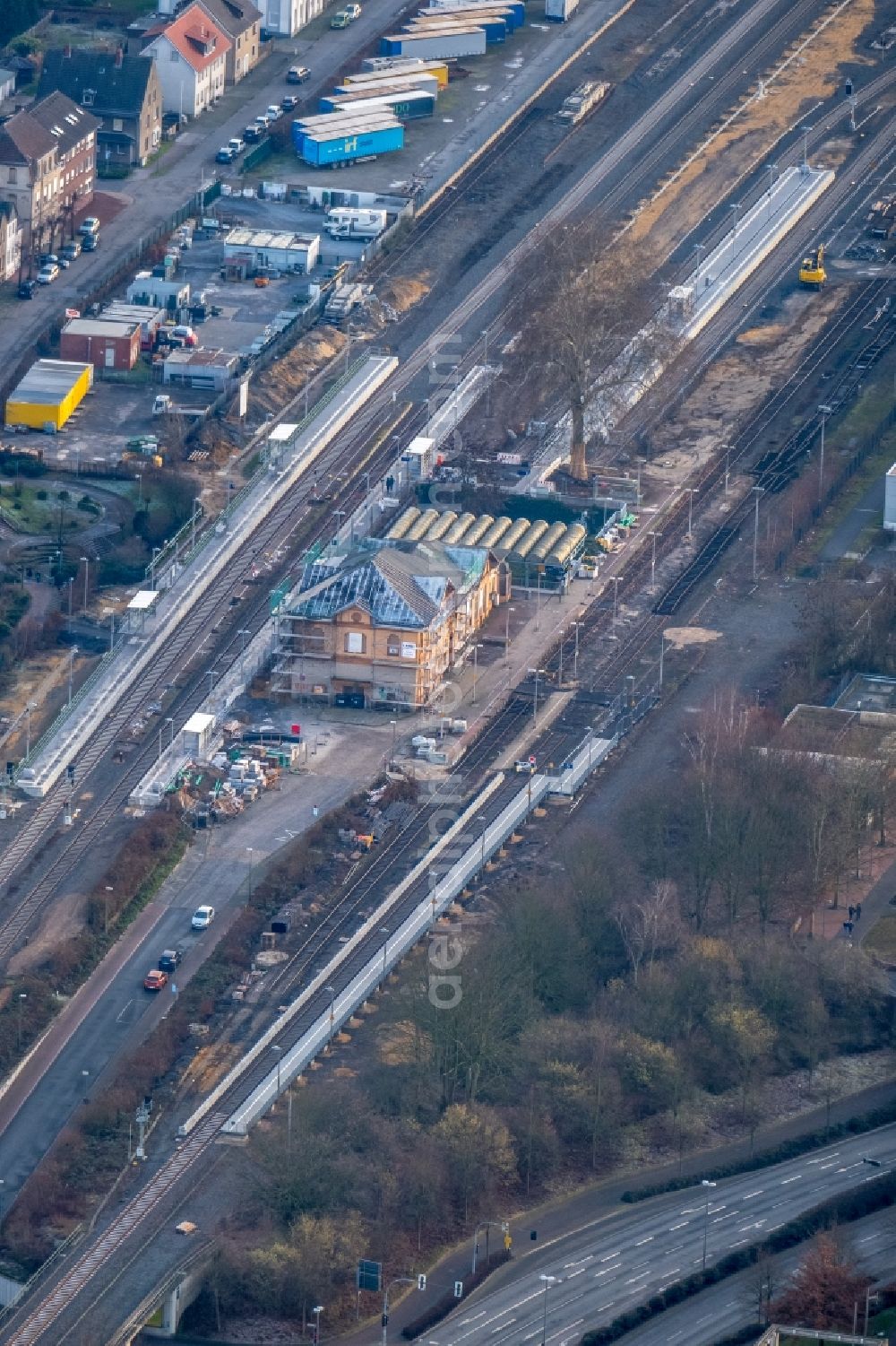 Dorsten from the bird's eye view: Construction work for the reconstruction of the station building in Dorsten in the state North Rhine-Westphalia, Germany