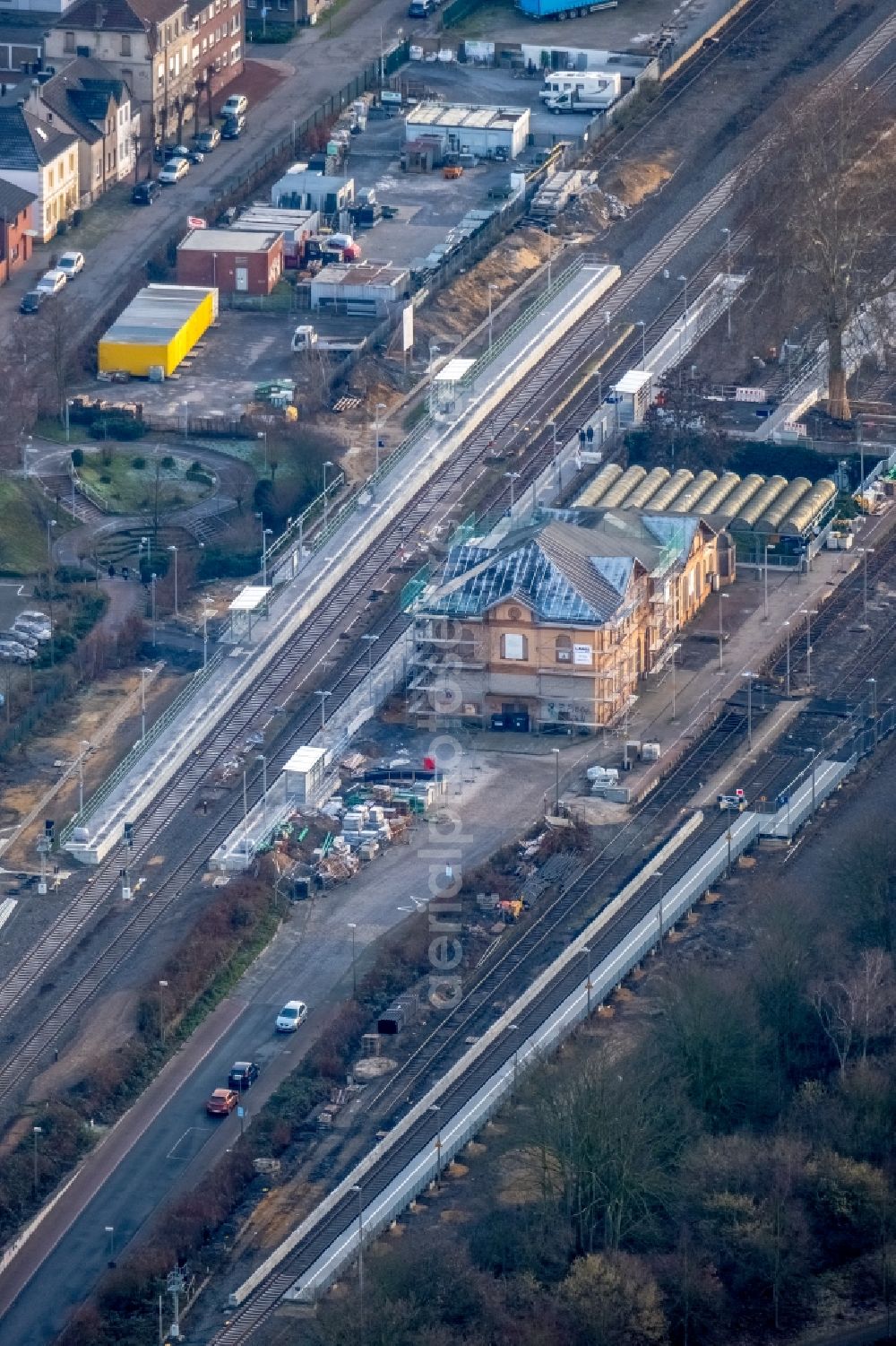 Aerial image Dorsten - Construction work for the reconstruction of the station building in Dorsten in the state North Rhine-Westphalia, Germany