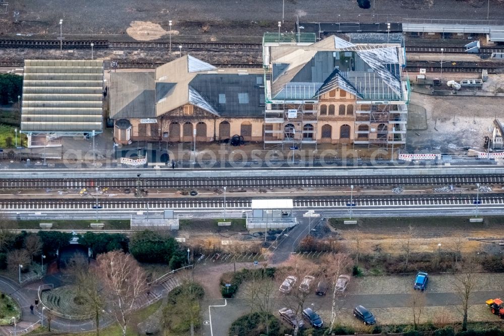 Dorsten from above - Construction work for the reconstruction of the station building in Dorsten in the state North Rhine-Westphalia, Germany