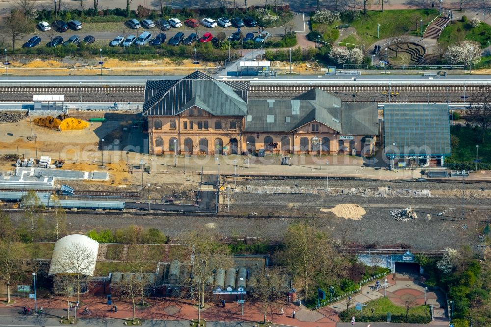 Dorsten from above - Construction work for the reconstruction of the station building of Bahnhof in Dorsten in the state North Rhine-Westphalia, Germany