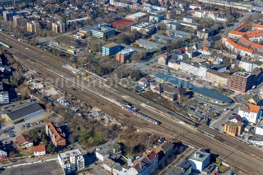 Aerial image Herne - Construction work for the reconstruction of the station building on Bahnhof in Herne at Ruhrgebiet in the state North Rhine-Westphalia, Germany