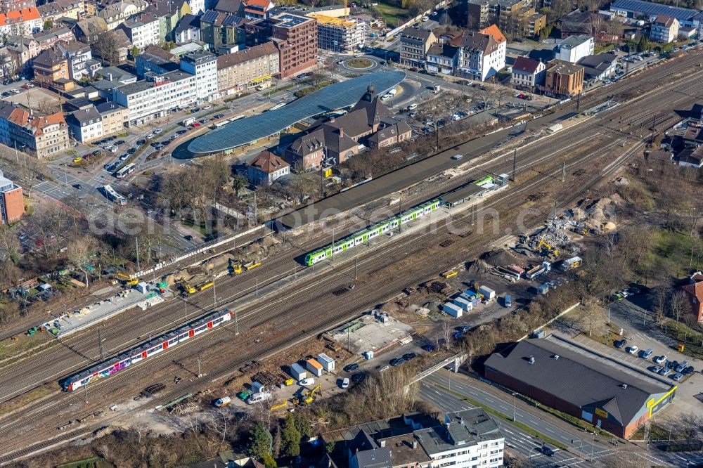 Aerial photograph Herne - Construction work for the reconstruction of the station building on Bahnhof in Herne at Ruhrgebiet in the state North Rhine-Westphalia, Germany