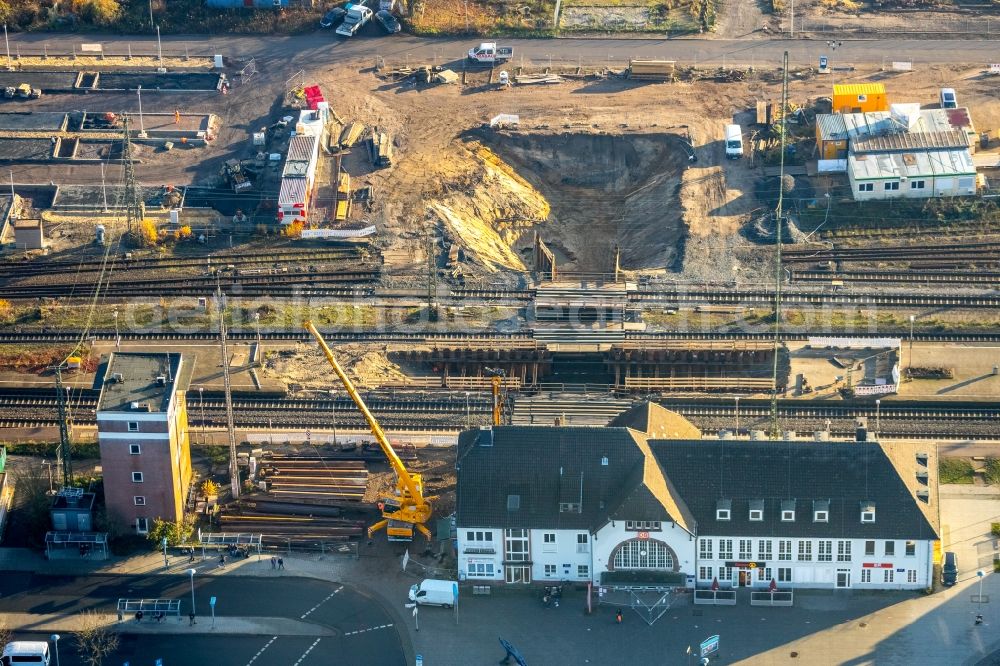 Haltern am See from above - Construction work for the reconstruction of the station building in Haltern am See in the state North Rhine-Westphalia, Germany