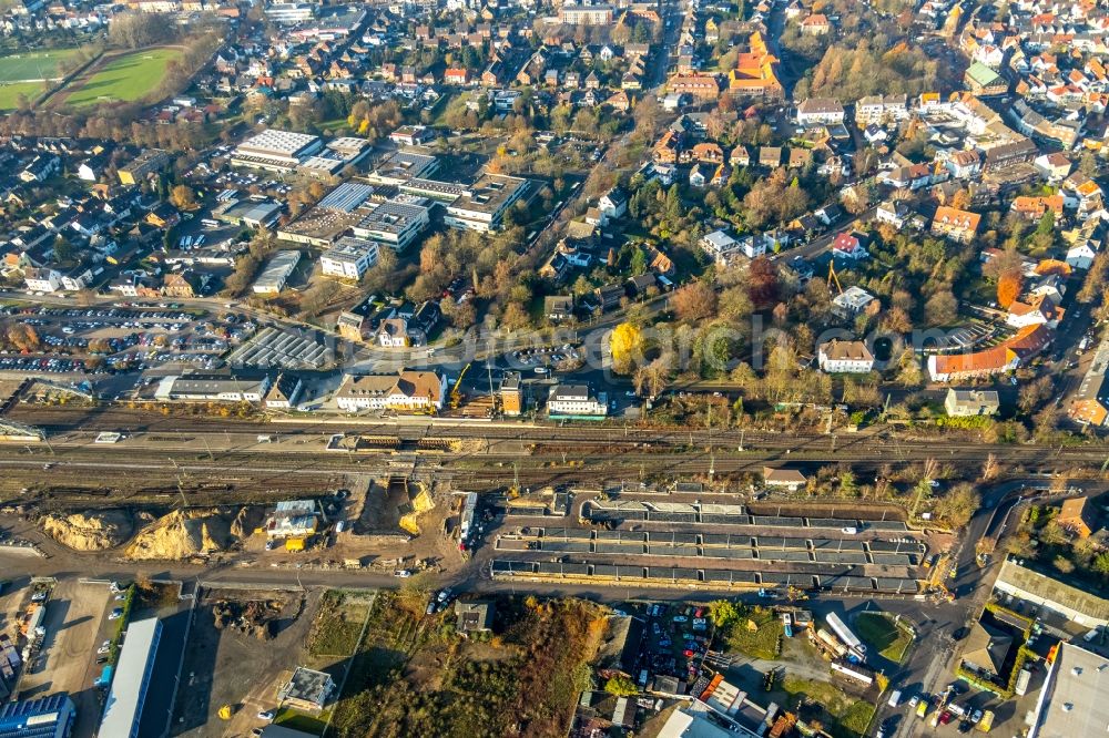 Haltern am See from the bird's eye view: Construction work for the reconstruction of the station building in Haltern am See in the state North Rhine-Westphalia, Germany