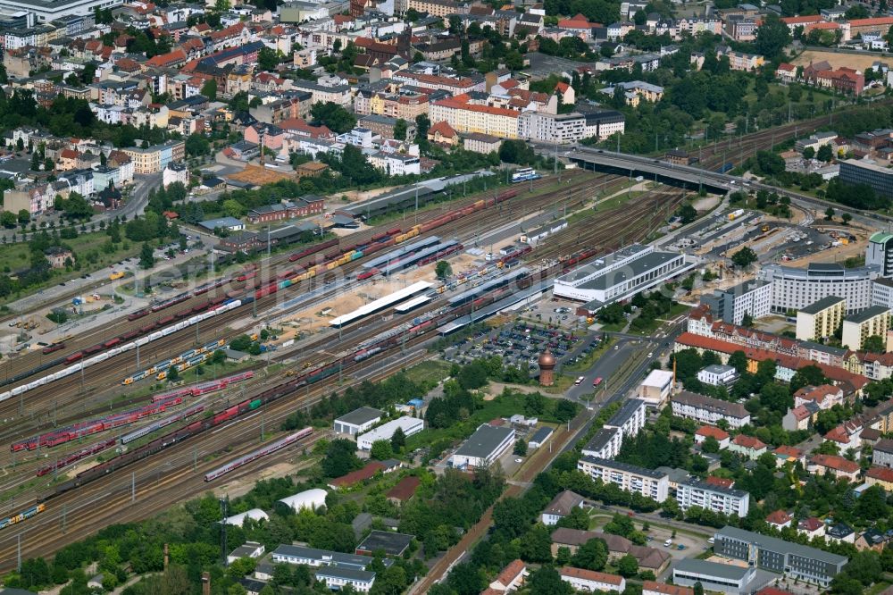 Aerial photograph Cottbus - Construction work for the reconstruction of the station building at the main railway station of the Deutsche Bahn in Cottbus in the state Brandenburg, Germany