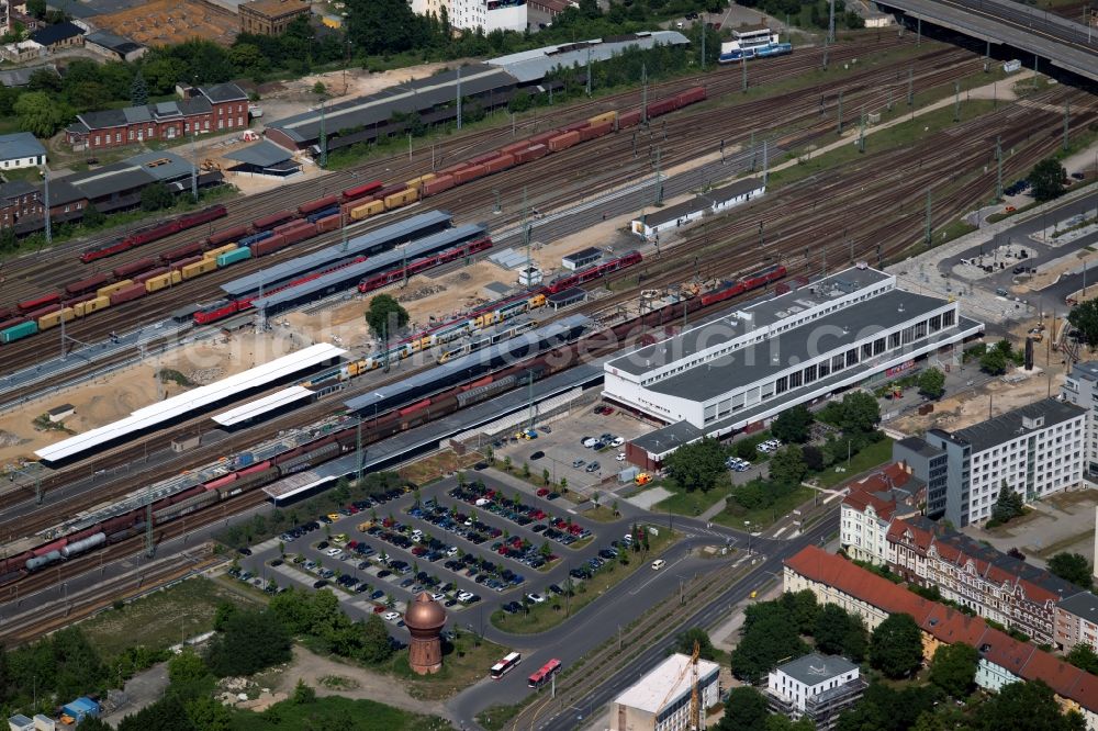 Aerial image Cottbus - Construction work for the reconstruction of the station building at the main railway station of the Deutsche Bahn in Cottbus in the state Brandenburg, Germany