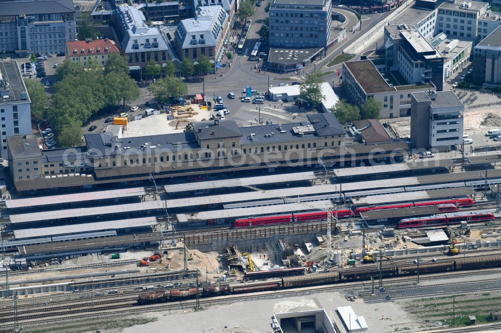 Augsburg from above - Construction work for the reconstruction of the station building Central Station of Deutschen Bahn in Augsburg in the state Bavaria, Germany