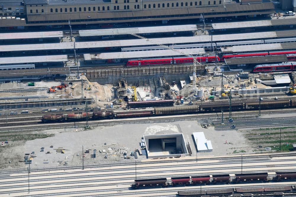 Augsburg from the bird's eye view: Construction work for the reconstruction of the station building Central Station of Deutschen Bahn in Augsburg in the state Bavaria, Germany