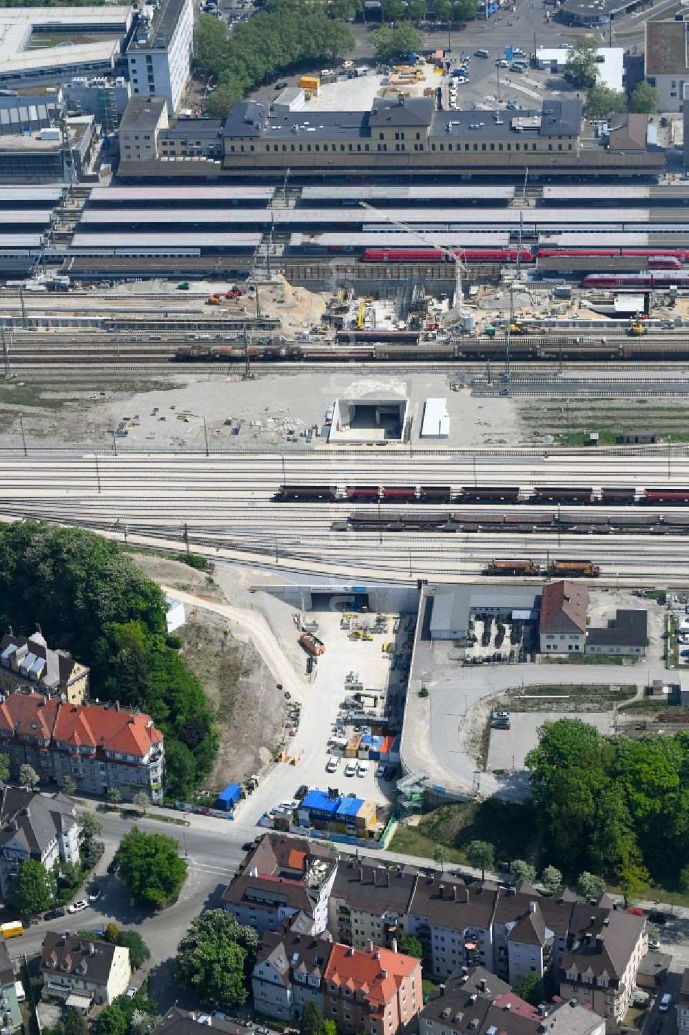 Aerial image Augsburg - Construction work for the reconstruction of the station building Central Station of Deutschen Bahn in Augsburg in the state Bavaria, Germany