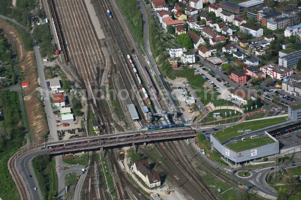 Weil am Rhein from the bird's eye view: Construction works for the reconstruction of the station building in Weil am Rhein in the state Baden-Wuerttemberg, Germany