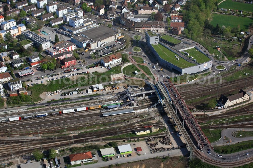 Aerial image Weil am Rhein - Construction works for the reconstruction of the station building in Weil am Rhein in the state Baden-Wuerttemberg, Germany