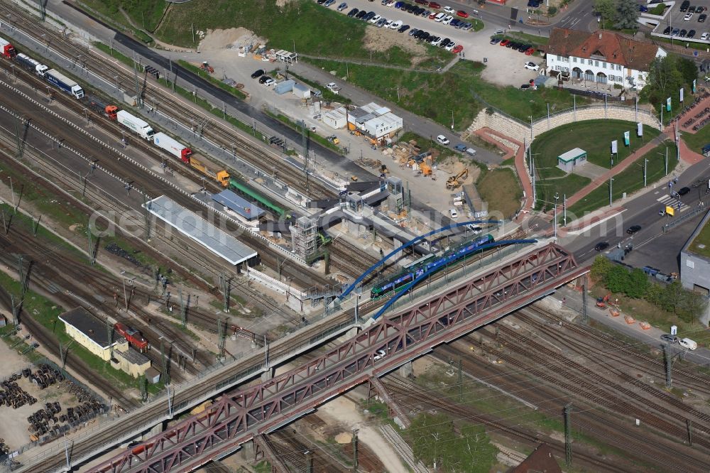 Aerial photograph Weil am Rhein - Construction works for the reconstruction of the station building in Weil am Rhein in the state Baden-Wuerttemberg, Germany