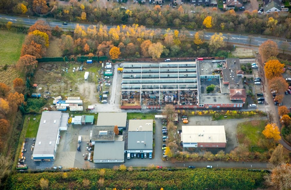 Dinslaken from the bird's eye view: Industrial estate and company settlement Bauer-Metall-Recycling Container-Dienst GmbH & Co KG und der Albert-Schweitzer-Einrichtung fuer Behinderte gGmbH Thyssenstrasse in the district Ruhr Metropolitan Area in Dinslaken in the state North Rhine-Westphalia