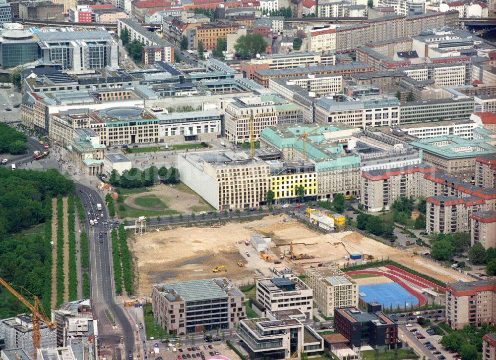 Aerial photograph Berlin - View of the Holocaust memorial in Berlin Mitte. It is a monument for those under the rule of the german in the Holocaust murdered Jews