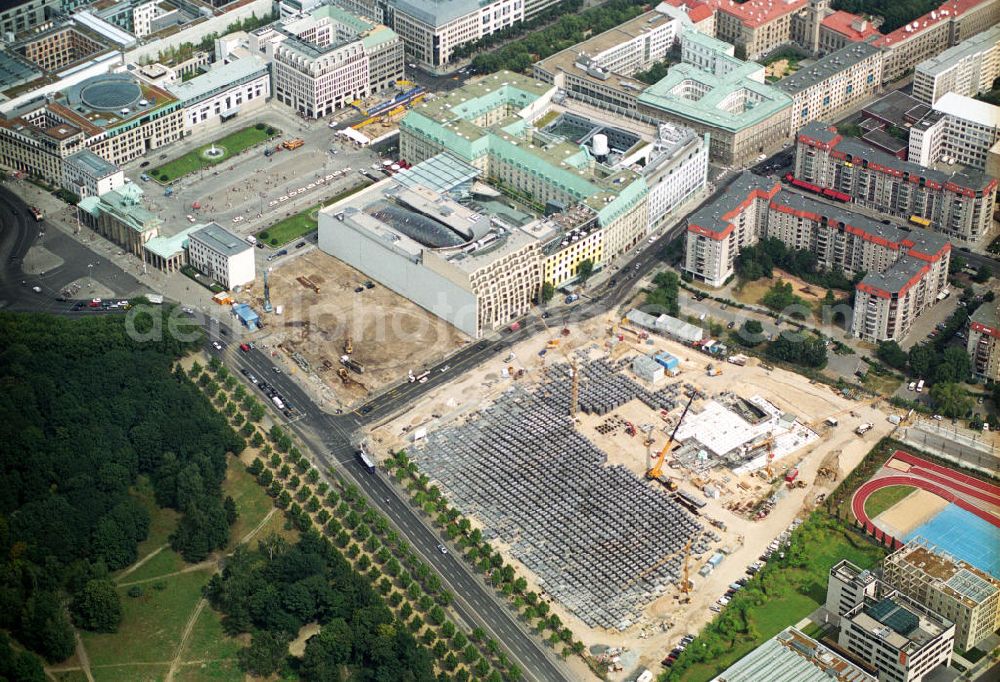 Aerial photograph Berlin - View of the Holocaust memorial in Berlin Mitte. It is a monument for those under the rule of the german in the Holocaust murdered Jews