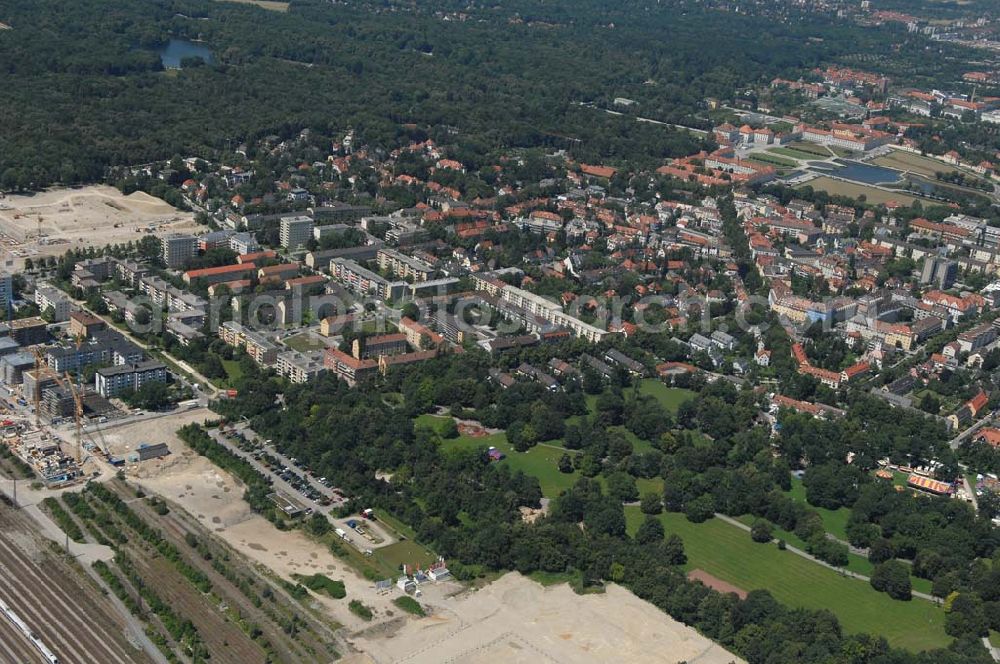 Aerial image München Nymphenburg - 15.07.2007 München Nymphenburg. Baufläche für das neue Stadtquartier „Am Hirschgarten“ bietet alle Voraussetzungen für eine zeitgemäße und wirtschaftlich interessante Stadtentwicklung. Hier wird die CONCEPT BAU mit dabei sein und ab Herbst 2006 (Baubeginn) die Vision von der „grünen Oase mitten in der Stadt“ umsetzen. .... 