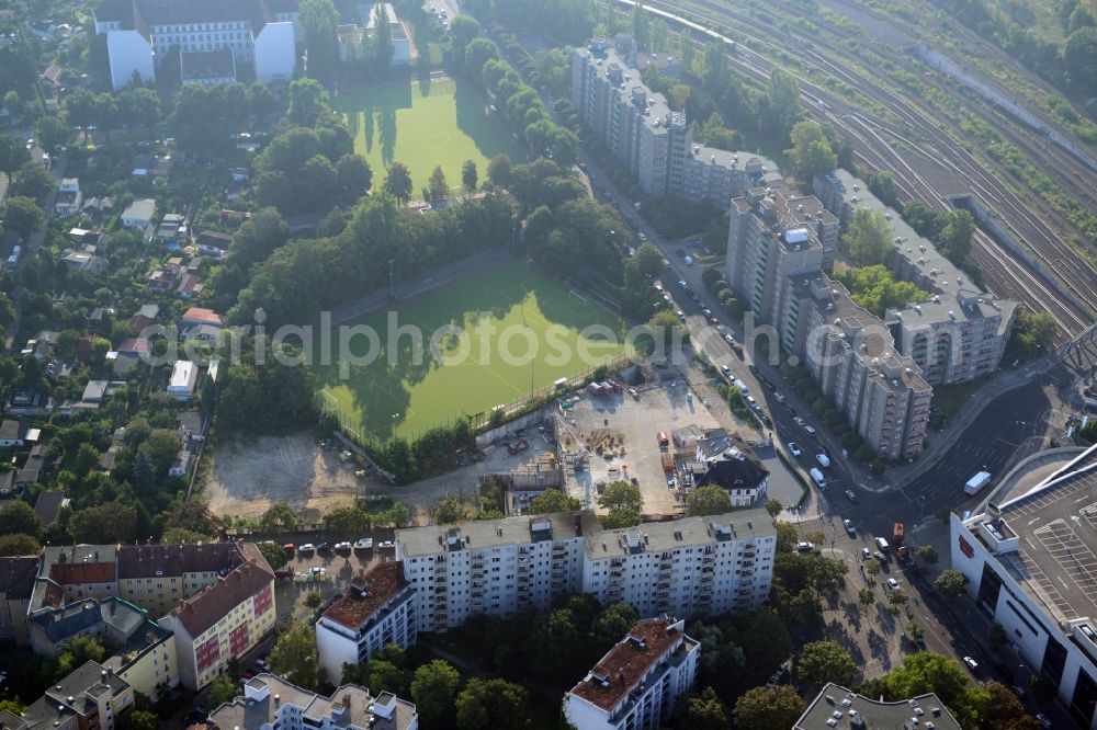 Aerial image Berlin - View of the construction area for a student residence at the S-Bahn station in Berlin Wedding