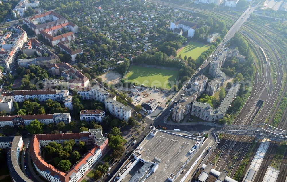 Berlin from above - View of the construction area for a student residence at the S-Bahn station in Berlin Wedding