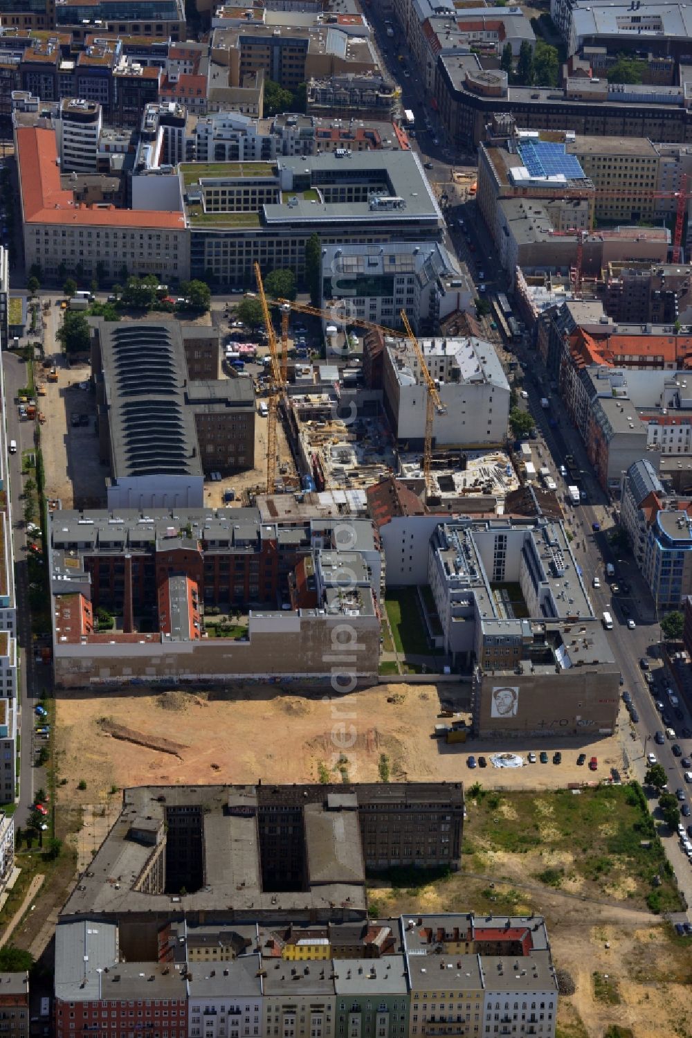 Aerial image Berlin - View of the area, on which the building project The Mile is built. It's a joint venture of Berlin Capital Investments - Zabel Verwaltungs-GmbH and formart GmbH & Co. KG in Berlin-Mitte. On the former factory site condominiums will be built
