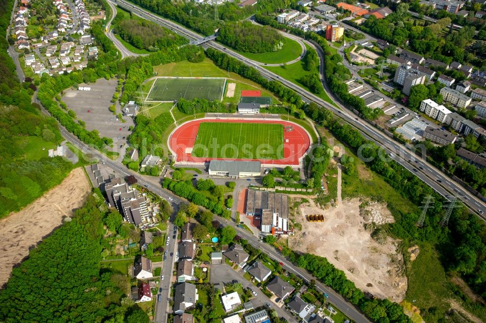 Aerial image Hagen - Construction and development area at the football stadium Kirchberg in the Henkhausen part of Hohenlimburg in Hagen in the state of North Rhine-Westphalia