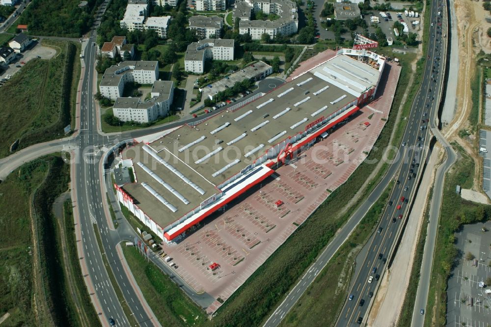 Mainz from above - Building the improvement chain Bauhaus on the motorway BAB A60 and E42 in Mainz in Rhineland-Palatinate