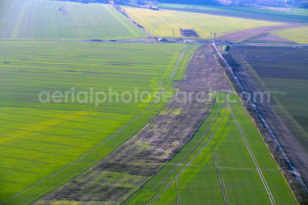 Meilendorf from the bird's eye view: Construction of the bypass road in in Meilendorf in the state Saxony-Anhalt, Germany