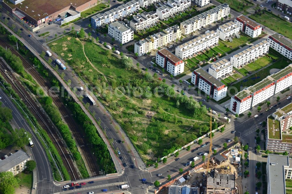 Berlin from above - Barrens - building land area on the site of urban development area at the Erich-Nelhans Street - Hermann Blankenstein Street in Friedrichshain district of Berlin