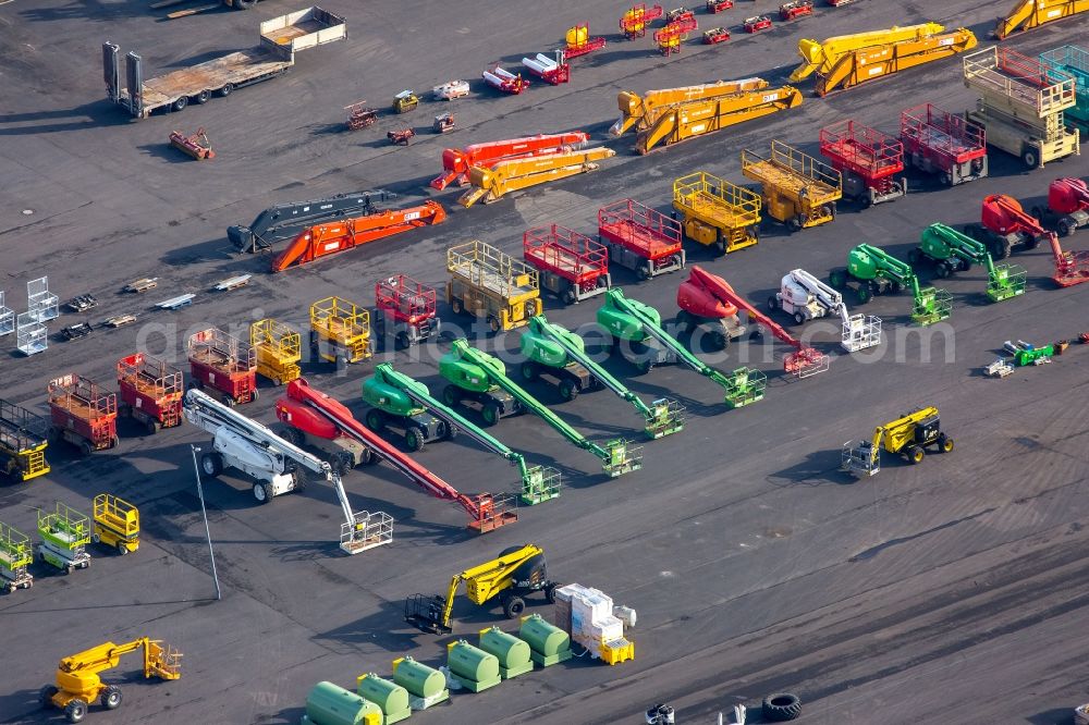 Aerial photograph Dormagen - Construction and agricultural machinery storage area of Euro Auctions GmbH in the industrial area in Dormagen in North Rhine-Westphalia