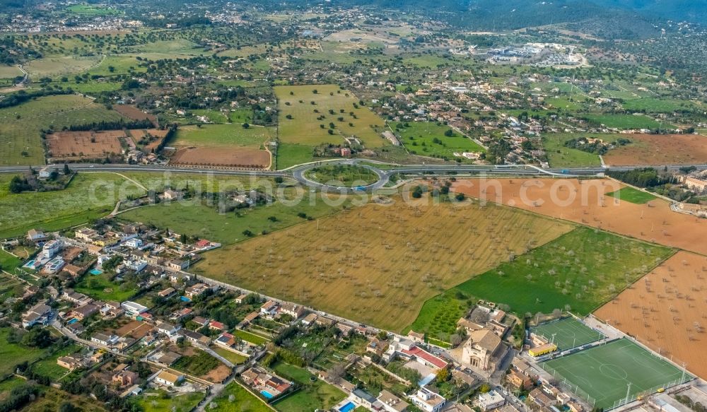 Son Sardina from above - Rows of trees in a plantation with blooming almond trees in the Son Sardina district of Palma in the Balearic island of Mallorca, Spain