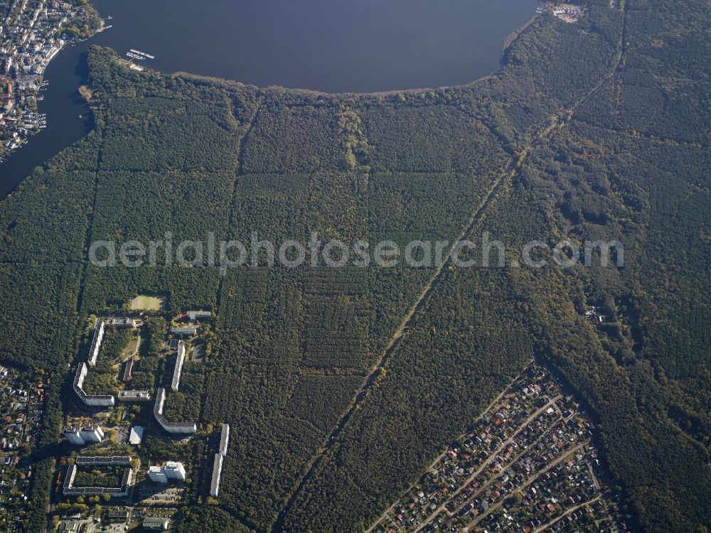 Aerial photograph Berlin - Treetops in a wooded area at the mouth of the Mueggelspree to the Mueggelsee in Berlin in Germany